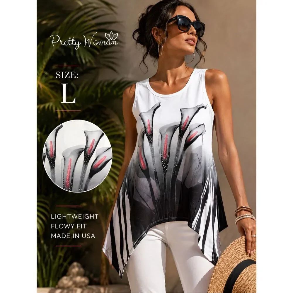 Pretty Woman Lilies Asymmetric Hem Scoop Neck Sleeveless Tunic Rhinestone Accent
